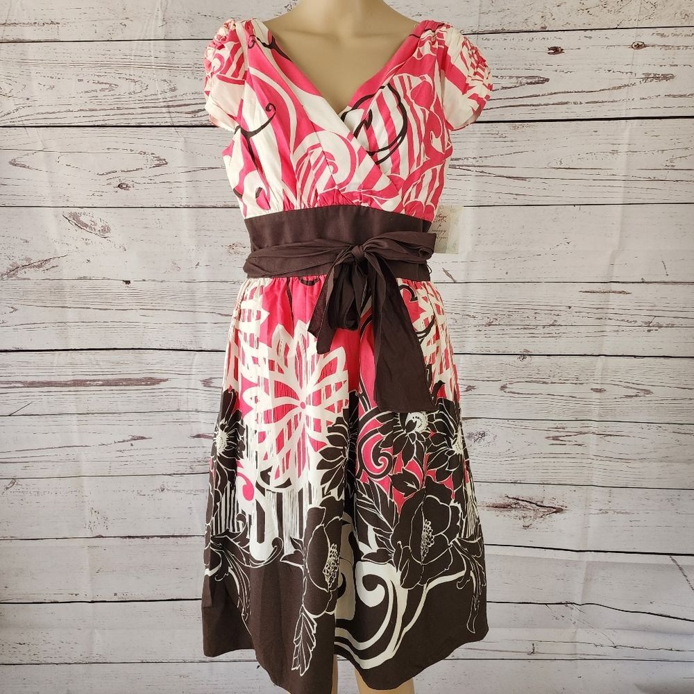 Suzi Chin for Maggy Boutique Empire Waist Floral Dress - Size 6 NWT Pink/Brown